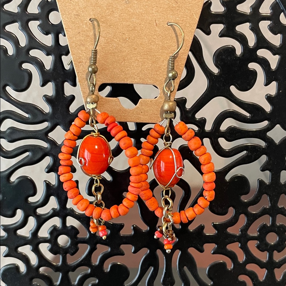 Fall Elegance Orange Beaded Hoop Earrings-Handmade